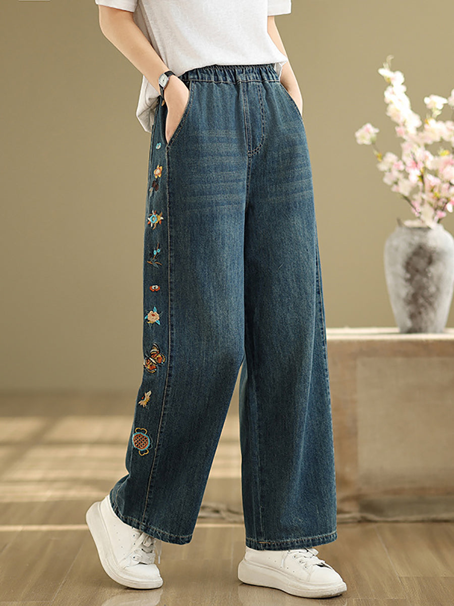 Women Retro Embroidery Denim Wide-leg Pants