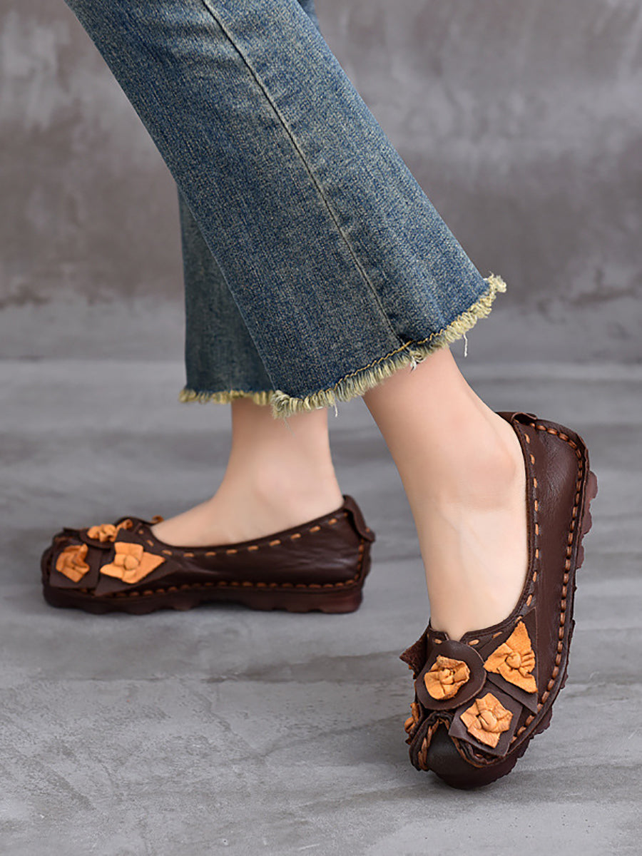 Women Ethnic Colorblock Flower Leather Shoes