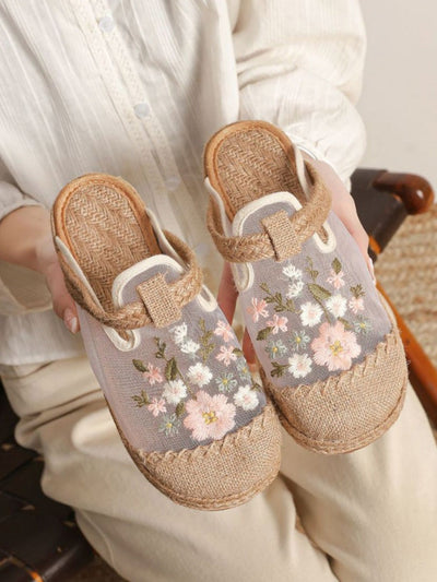 Women Ethnic Summer Flower Embroidery Cloth Flat Slippers