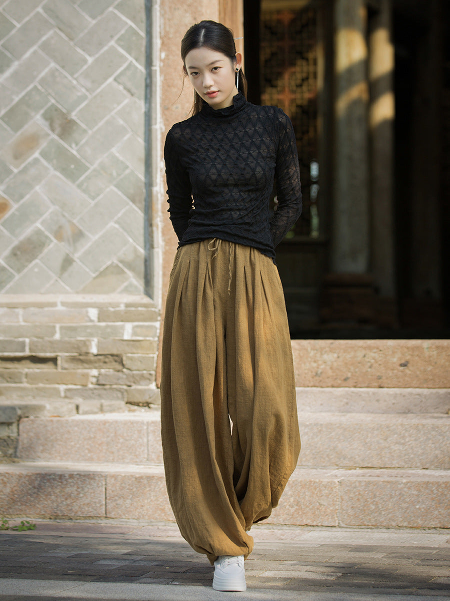 Women Autumn Vintage Solid Ramie Loose Bloomers