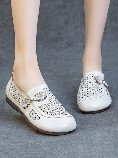 Women Summer Genuine Leather Hollow Out Low Heel Shoes