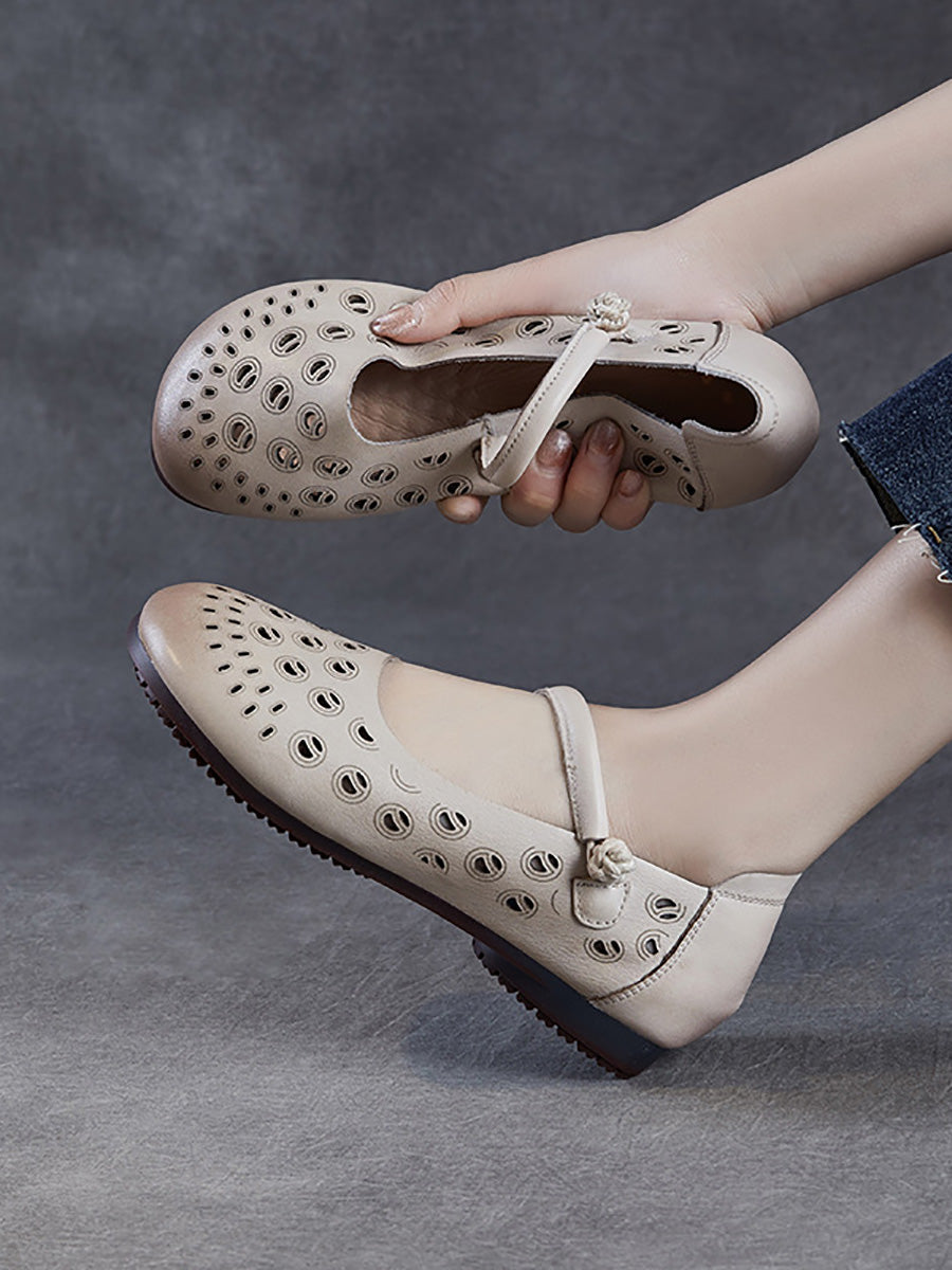 Women Summer Genuine Leather Hollow Out Low Heel Shoes