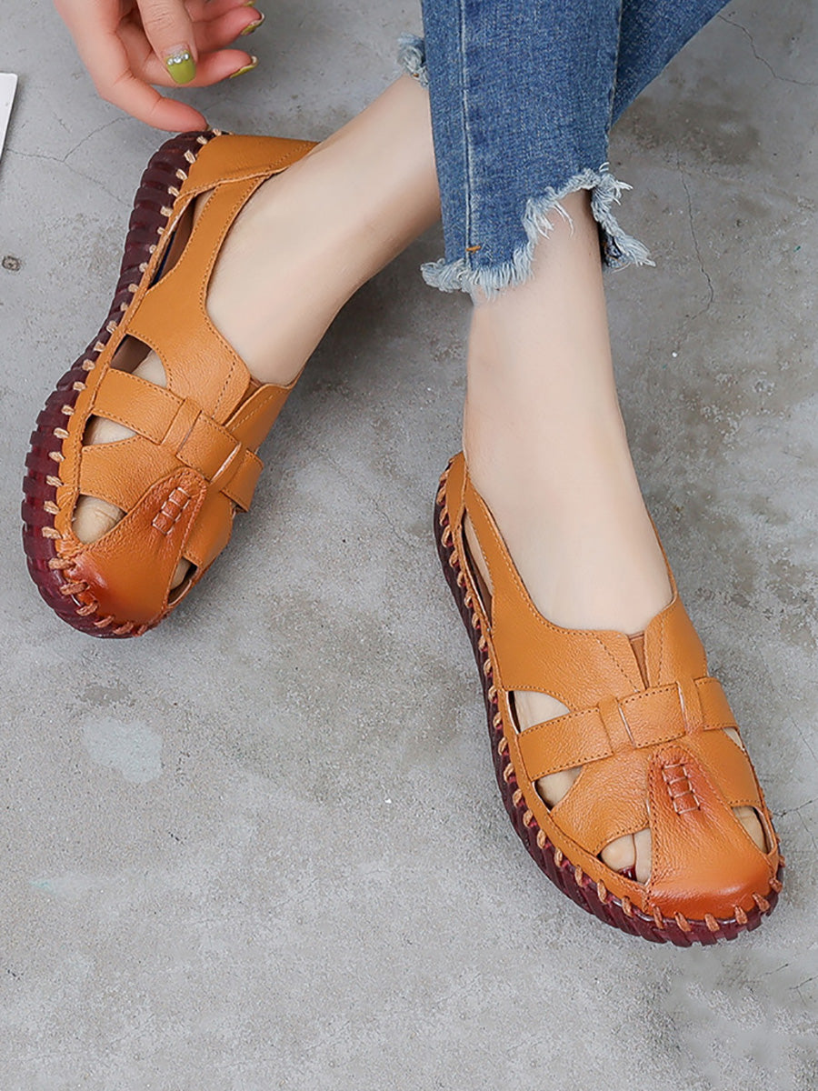 Women Summer Leather Spliced Flat Sandals