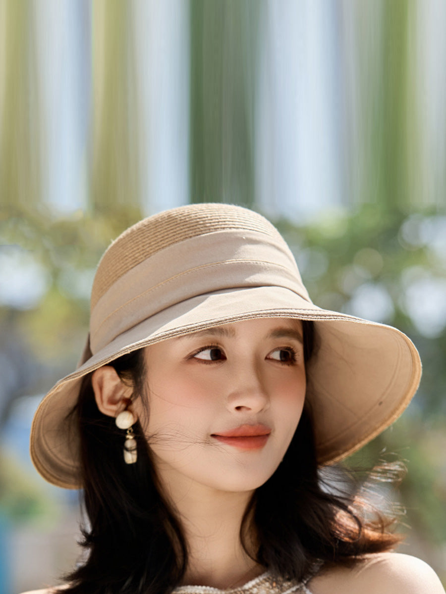 Women Casual Straw Spliced Bowknot Sunproof Hat