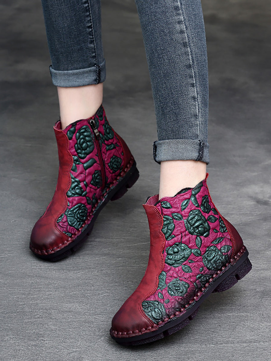 Women Retro Flower Leather Spliced Zipper Low Heel Boots