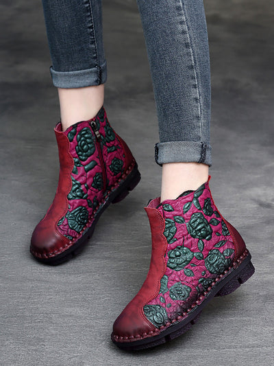 Women Retro Flower Leather Spliced Zipper Low Heel Boots
