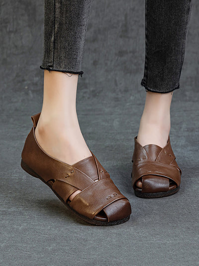 Women Vintage Genuine Leather Flat Sandals