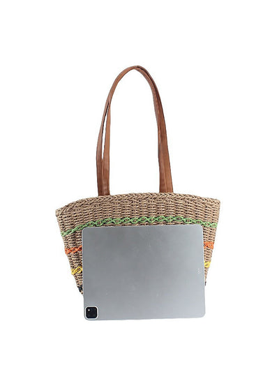 Women Fashion Colorblock Straw Weave Shoulder Bag