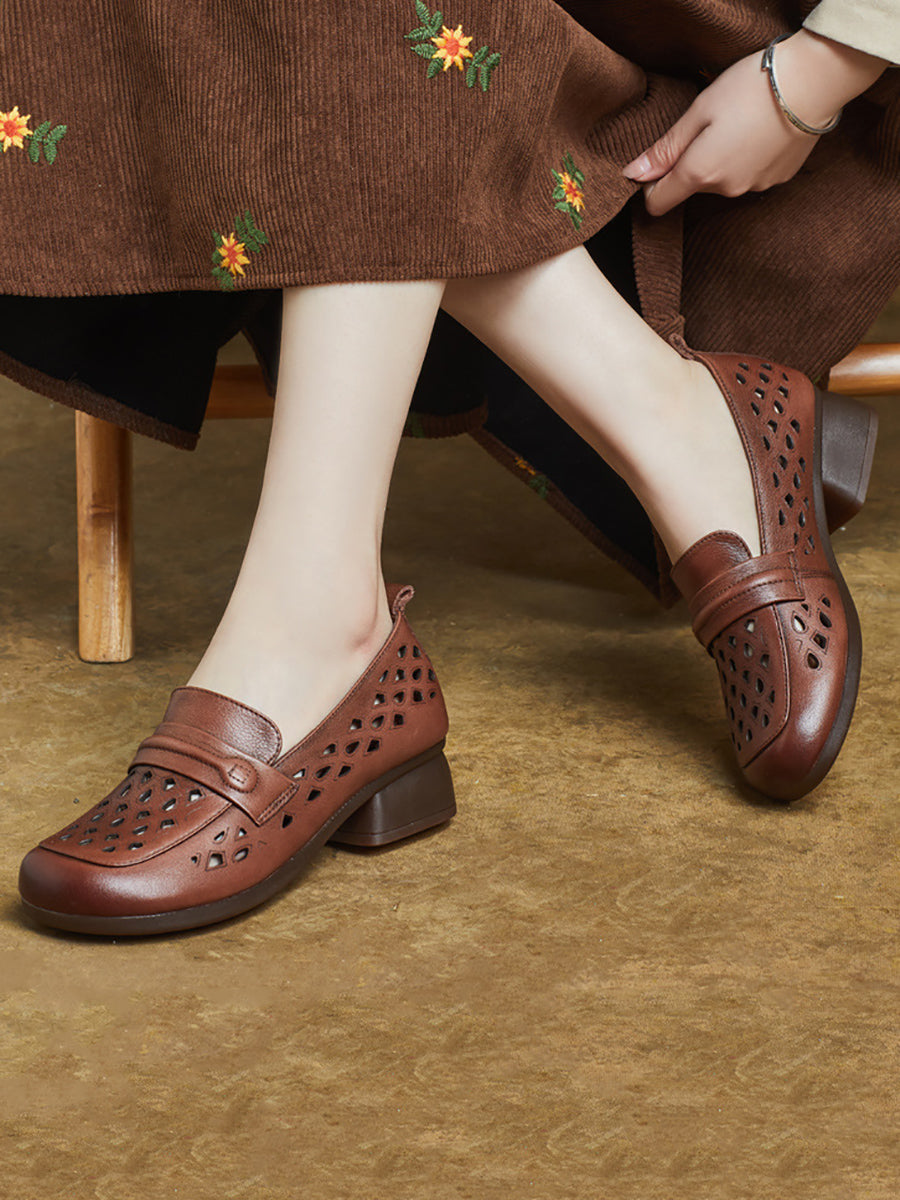 Women Summer Leather Hollow Out Mid Heel Shoes