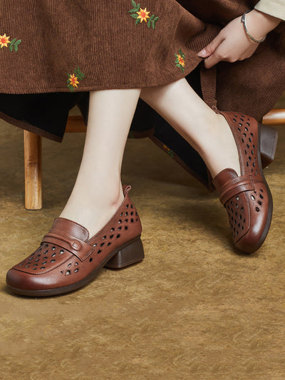 Women Summer Leather Hollow Out Mid Heel Shoes
