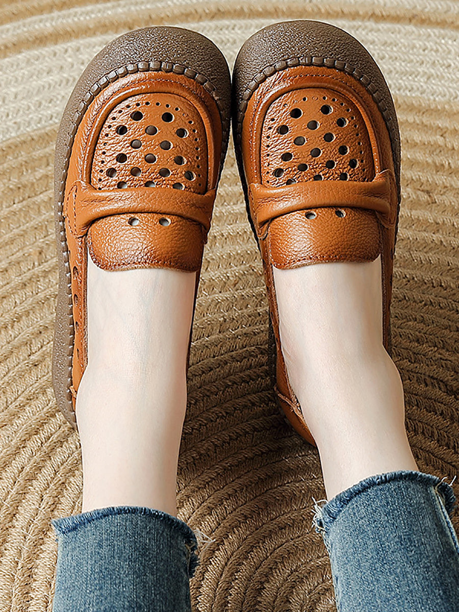 Women Summer Leather Hollow Out Flat Shoes