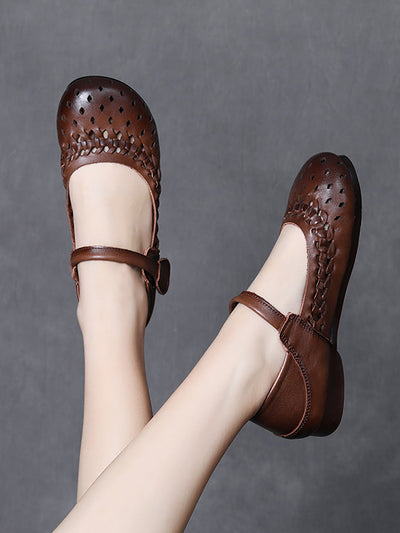 Women Vintage Leather Hollow Out Low Heel Shoes