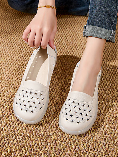 Women Summer Soft Leather Flower Mid Heel Shoes