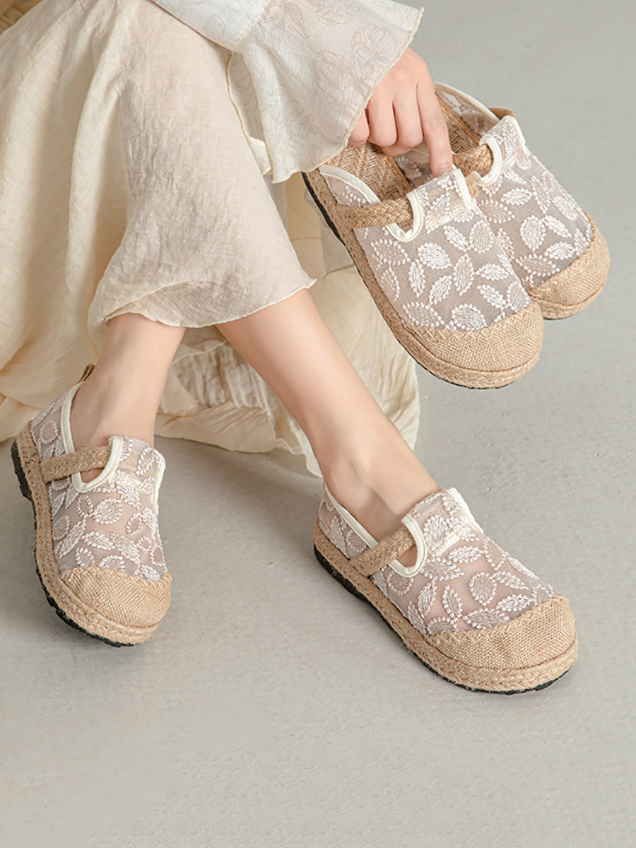 Women Summer Ethnic Linen Flower Embroidery Flat Shoes