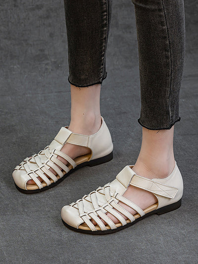 Women Vintage Summer Leather Cross Weave Sandals