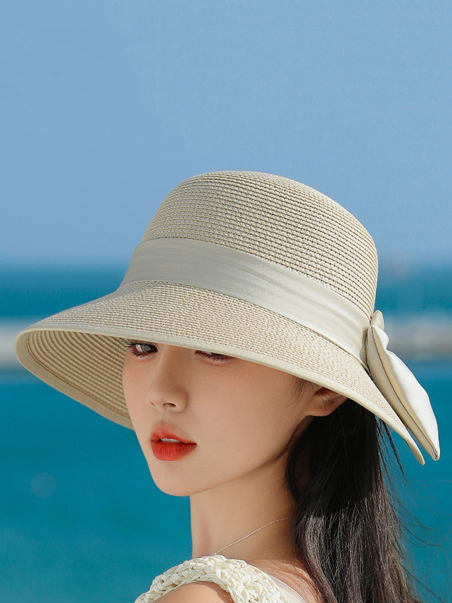 Women Straw Weave Stain Bowknot Sunproof Hat
