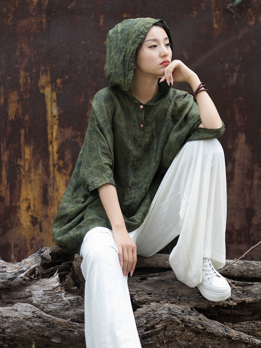 Plus Size Women Summer Vintage Tie-dye Batwing Sleeve Hooded Shirt