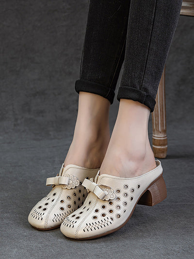 Women Summer Genuine Leather Hollow Out Mid Heel Slippers