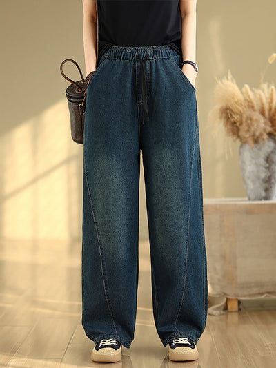 Women Casual Pure Color Denim Spliced Straight Pants