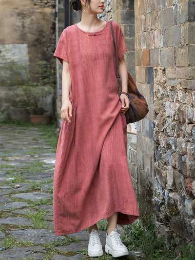 Women Summer Artsy Pure Color O-Neck Linen Dress