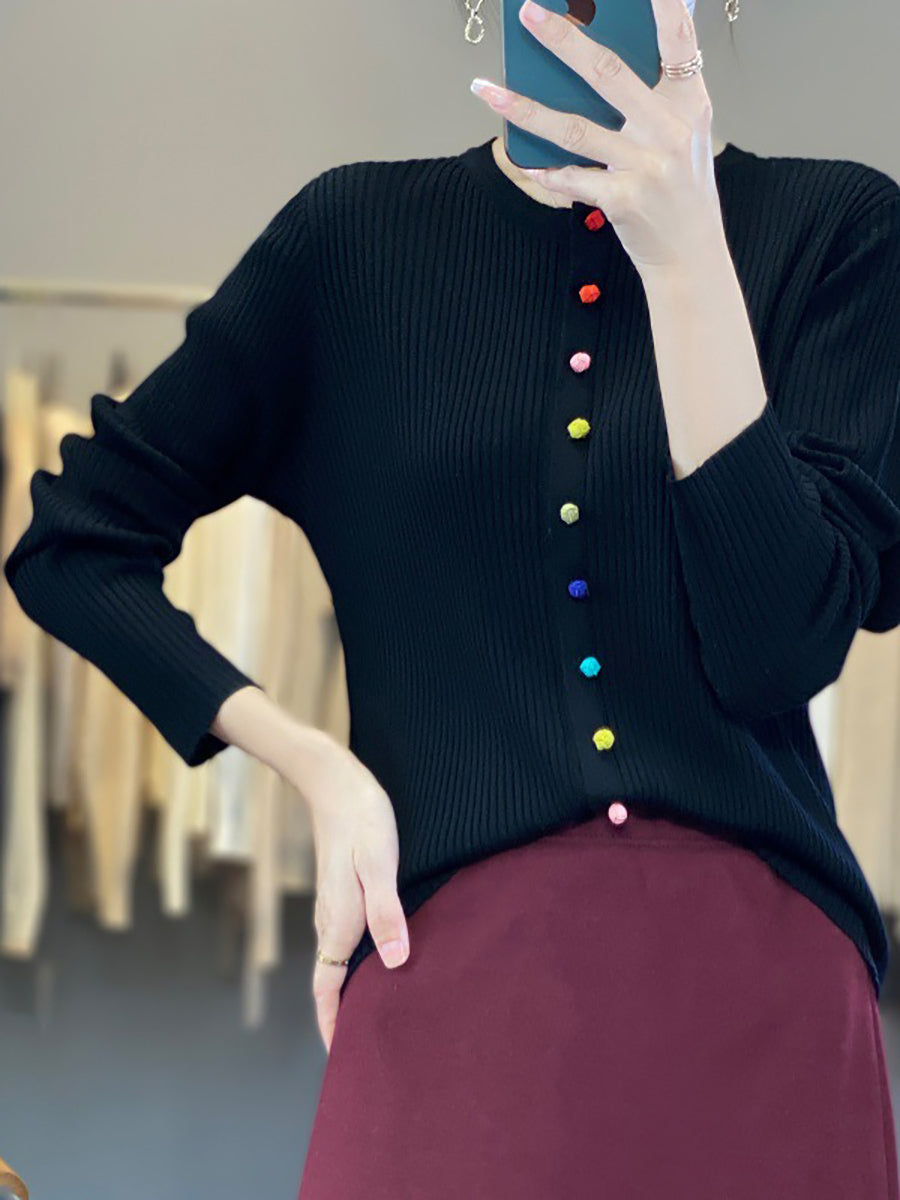 Women Autumn Colorful Button O-Neck Cotton Sweater