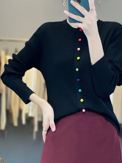 Women Autumn Colorful Button O-Neck Cotton Sweater