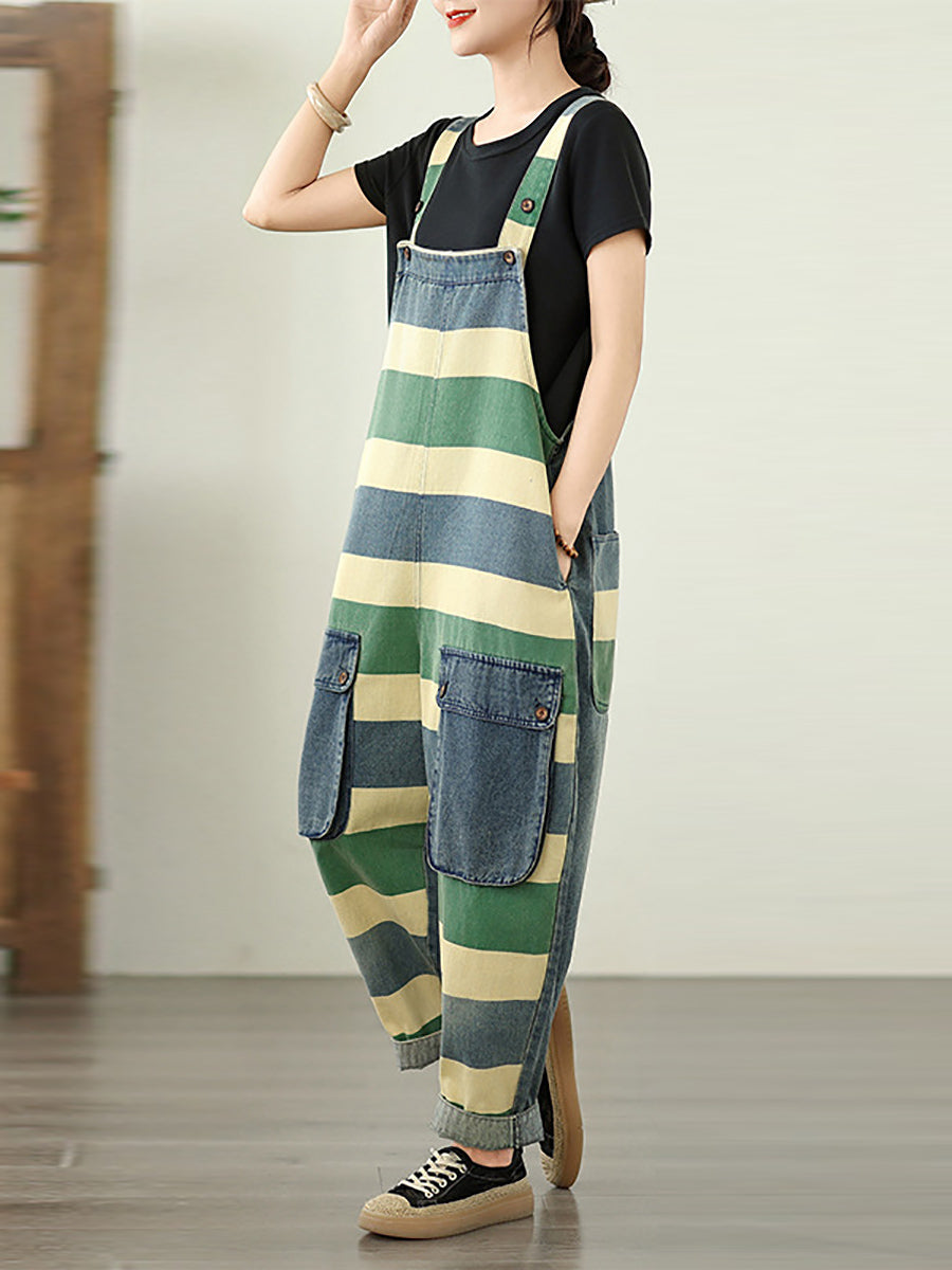 Women Summer Colorblock Stripe Denim Loose Jumpsuits