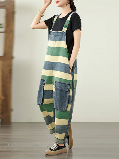 Women Summer Colorblock Stripe Denim Loose Jumpsuits