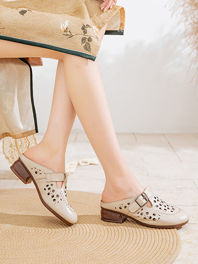 Women Casual Genuine Leather Hollow Out Mid Heel Sandals