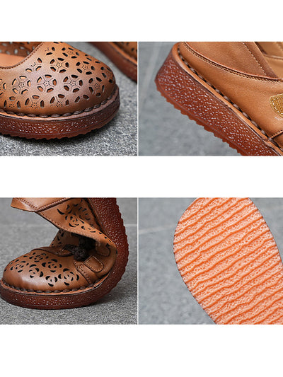 Women Rtro Genuine Leather Hollow Out Low Heel Shoes