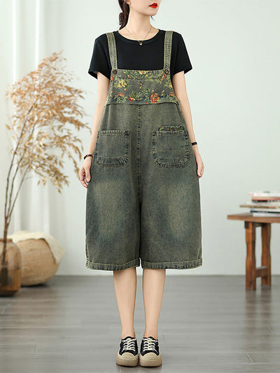 Women Summer Flower Spliced Denim Fifth Jumpsuits