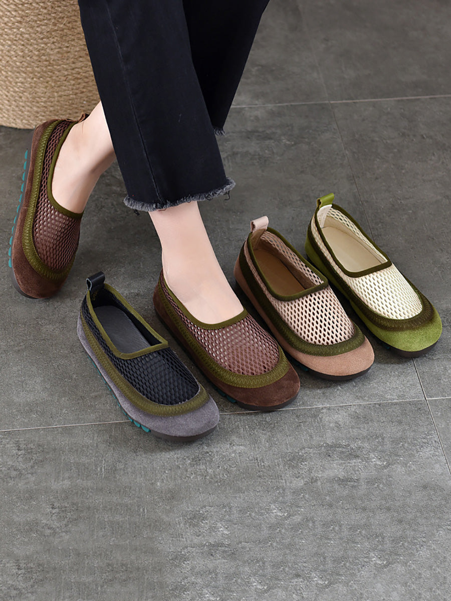 Women Summer Casual Leather Mesh Flat Shoes