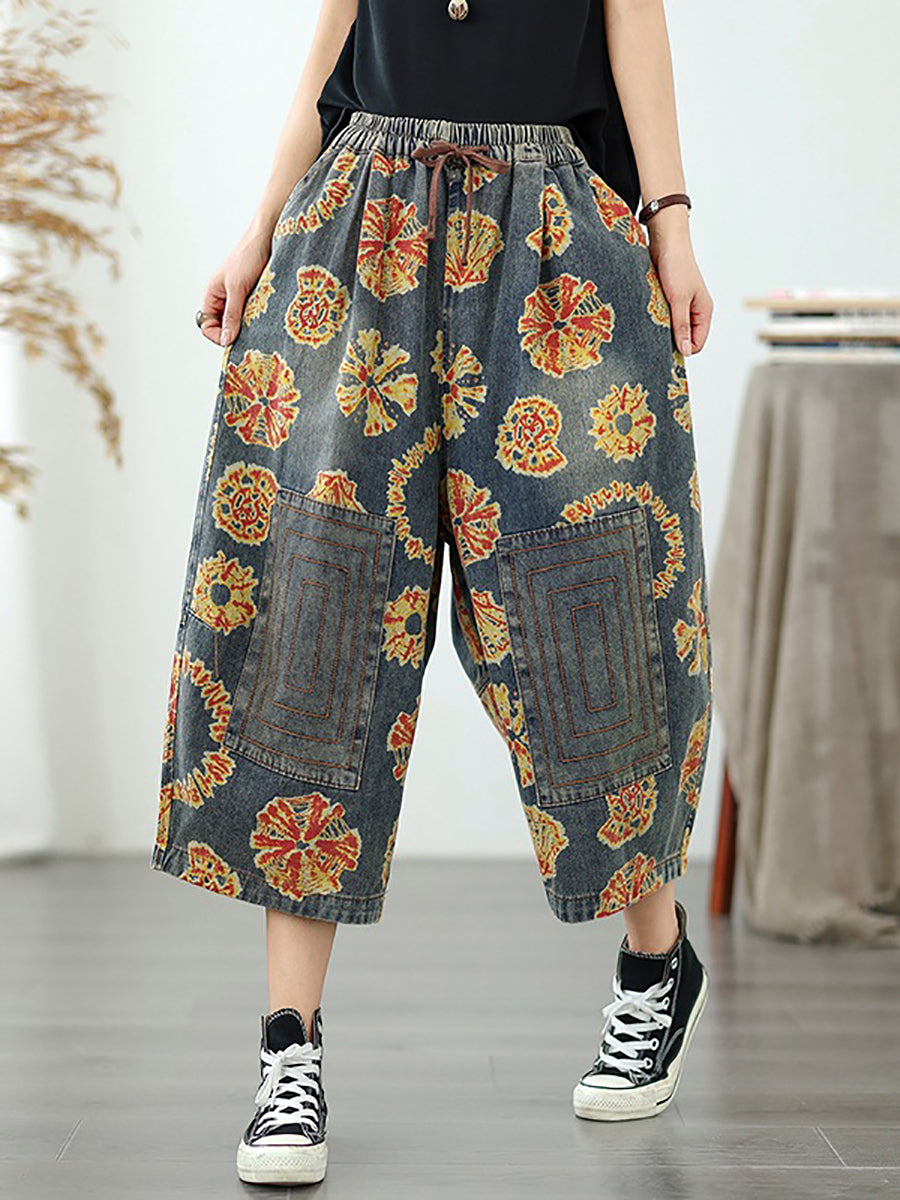Women Retro Flower Denim Straight Capri Pants