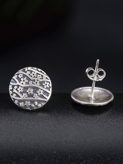 Women Vintage Silver Flower Carve Round Earrings