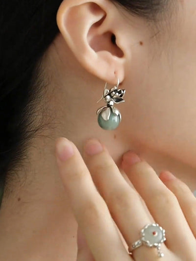 Women Vintage Jade Lotus Alloy Earrings
