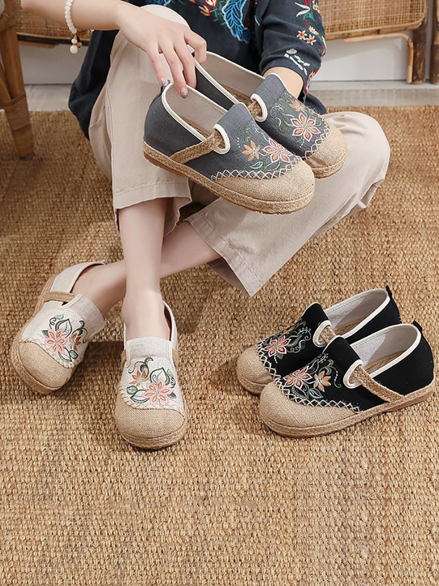Women Summer Artsy Flower Embroidery Flat Shoes