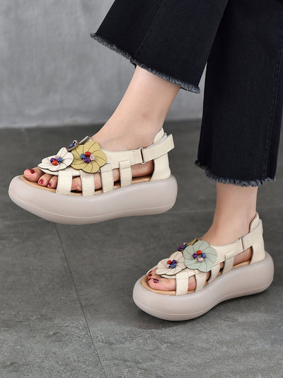 Women Casual Artsy Leather Flowe Platform Sandals