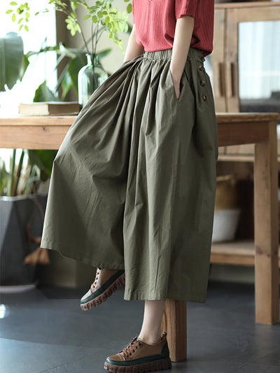 Plus Size Women Summer Solid Pleat Button Pocket Wide-leg Pants