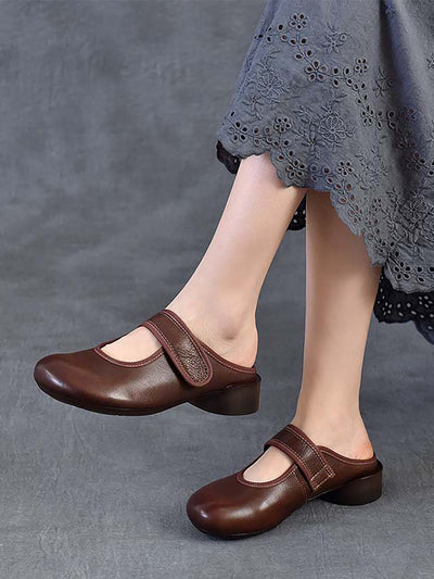 Women Artsy Genuine Leather Mary Jane Low Heel Slippers
