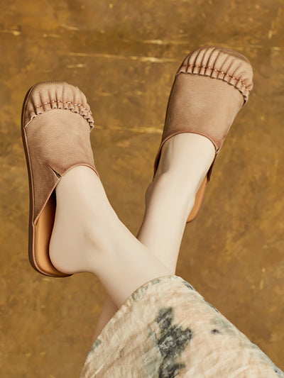 Women Casual Summer Pleated Genuine Leather Slippers