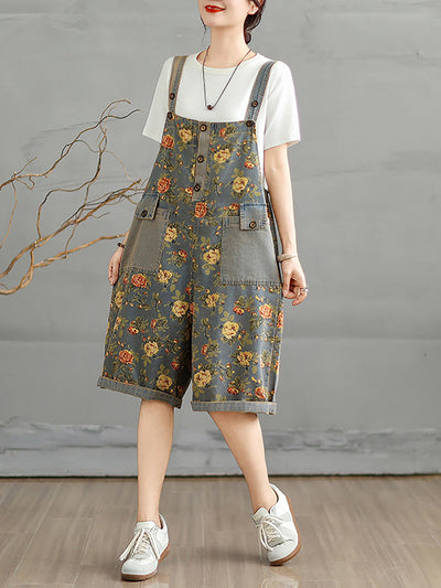 Women Summer Artsy Flower Denim Short Jumpsuits