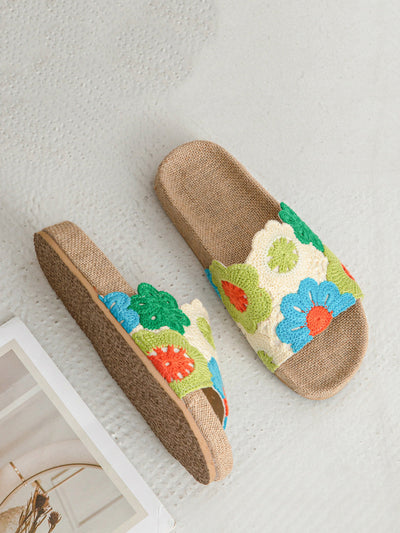 Women Summer Linen Knitted Flower Spliced Slippers