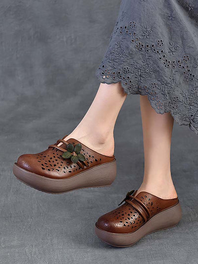 Women Ethnic Leather Flower Hollow Out Platform Slippers