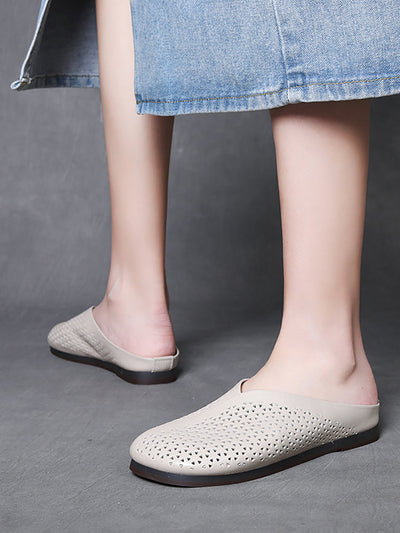 Women Summer Vintage Hollow Out Leather Flat Slippers