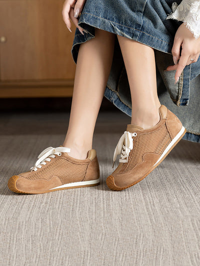 Women Summer Vintage Leather Spliced Mesh Shoes