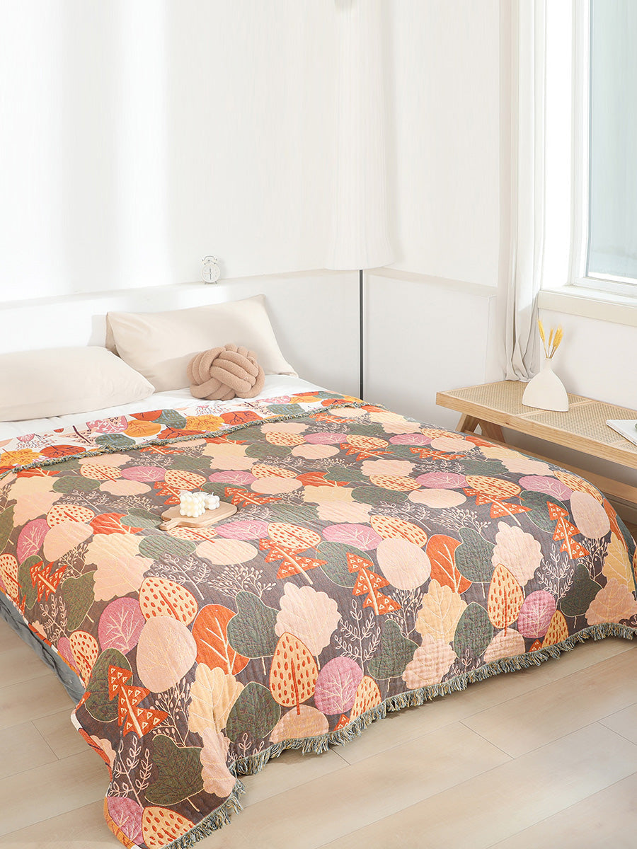 100%Cotton Leaf Tassel Bedcover Sofa Blanket