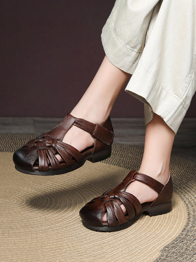 Women Casual Summer Leather Weave Low Heel Shoes