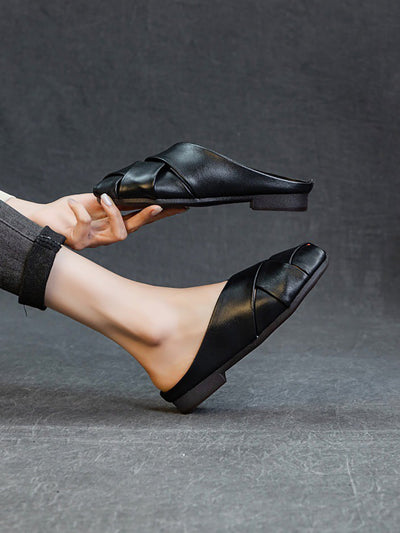 Women Summer Soft Leather Low Heel Weave Slippers