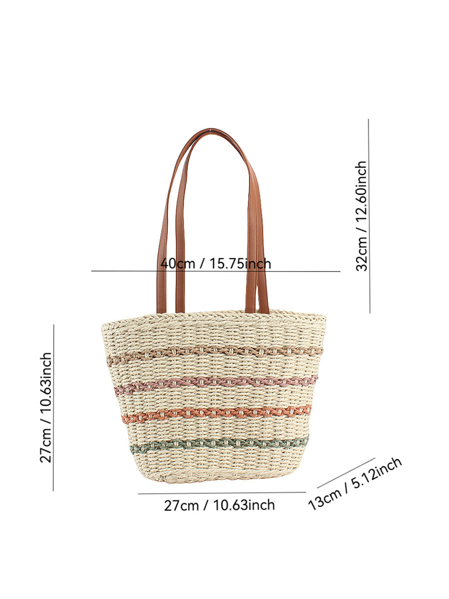 Women Fashion Colorblock Straw Weave Shoulder Bag