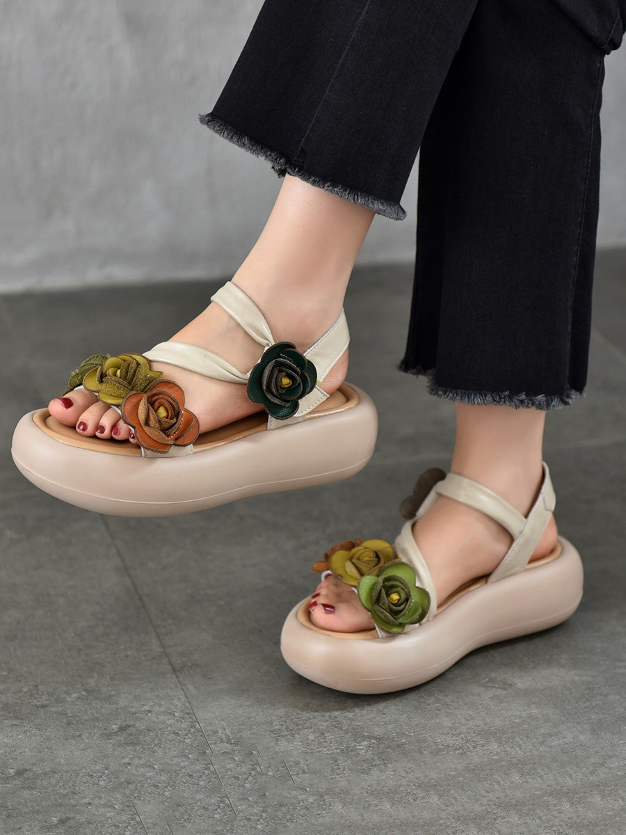 Women Vintage Leather FLower Platform Sandals